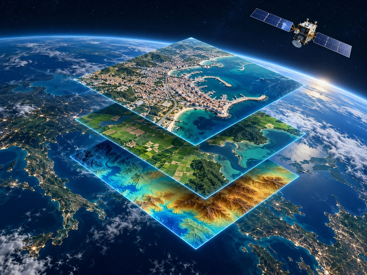 Illustrative satellite above Earth with stacked aerial imagery and terrain layers