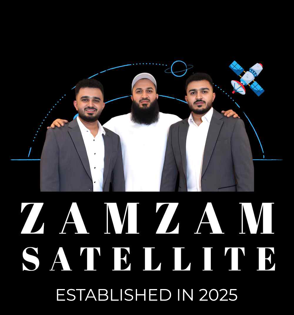 Official Zam Zam Satellite brand artwork with three representatives and the words Established in 2025